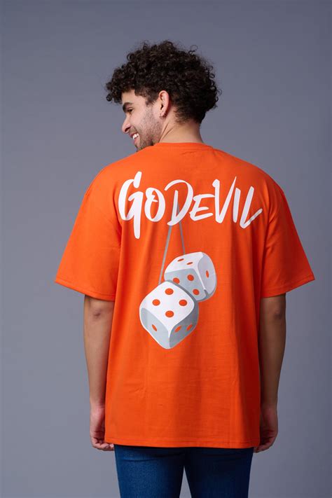 Go Devil Back Dice Printed Orange Oversized T-Shirt for Men by Go Devil