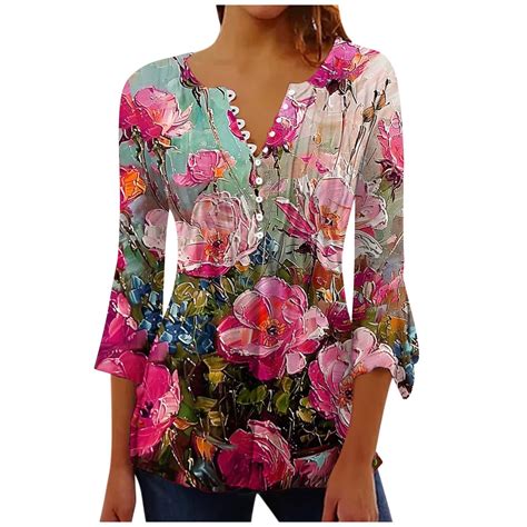Women's Dressy Tops Vintage 3/4 Flare Sleeve Pleated Flowy Shirts ...