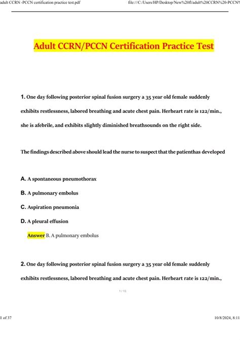 Adult CCRN -PCCN Certification Practice Test (2024 / 2025) Questions ...
