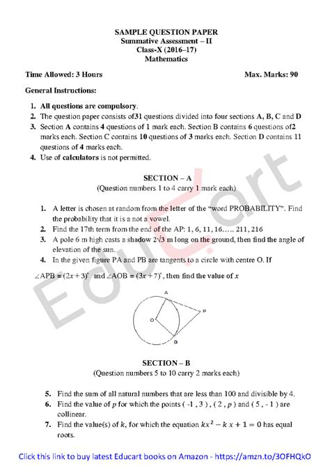 2016-17 CBSE Class 10 Maths (S) Summative Assessment II SQP - Studocu