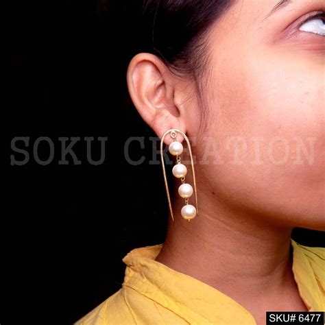 Gold plated Statement Curved with Pearl of Big Stud Earrings SKU6477 ...