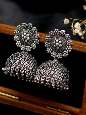 Buy Teejh by Joker and Witch Ishani Silver Oxidized Jhumki Earrings Online