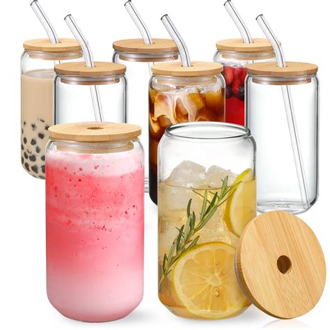 [ 8pcs Set ] Drinking Glasses with Bamboo Lids and Glass Straw 16oz for ...