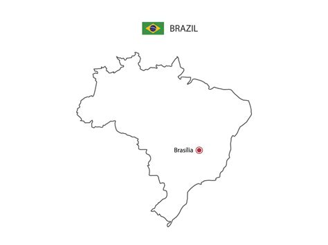 Hand draw thin black line vector of Brazil Map with capital city Brasilia on white background ...