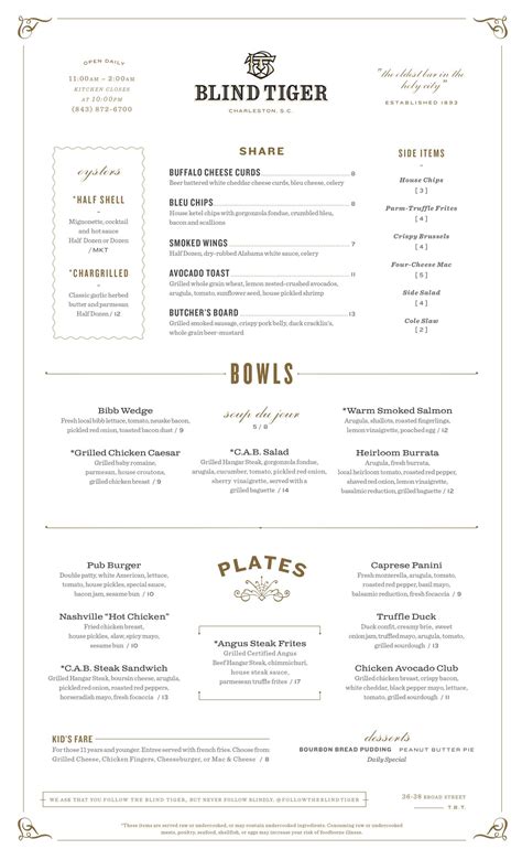 Printable Blind Tiger Menu – The Blind Tiger Menu and Prices 2024 – VJNT