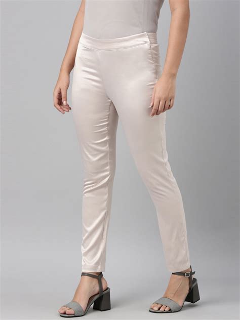 Women Solid Rose Gold Mid Rise Shiny Pants