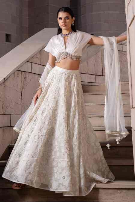 Buy White Blouse And Lehenga Organza Embroidery Applique V-neck Jaal ...