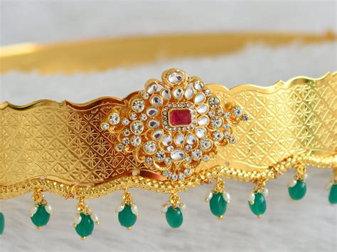 Gold tone pink-white stone green bead waist band dj-50399 – dreamjwell
