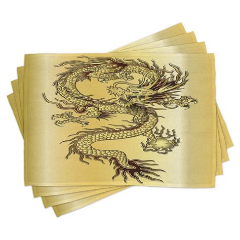 Ambesonne Dragon Place Mats Set of 4, Chinese Eastern Myth, Standard Size, Mustard and Black ...