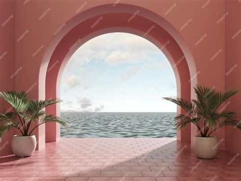 Bright arches overlooking the sea and tropical palm trees abstract ...