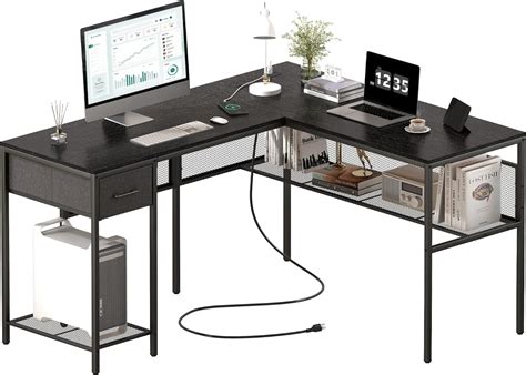 Buy SUPERJARE L Shaped Desk with Power Outlets, Computer Desk with ...