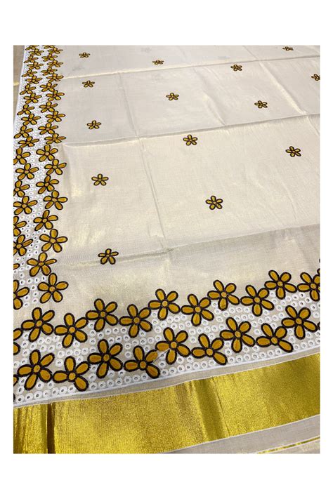 Kerala Tissue Kasavu Saree with Yellow Floral Embroidery Works ...