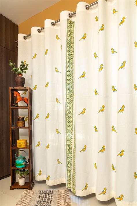 Mustard and Green Parrot Motif Print Cotton Curtains – MnR Decor
