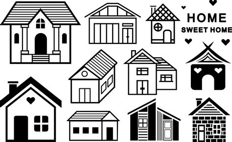 Houses set, collection of black, flat, outline houses, line art ...