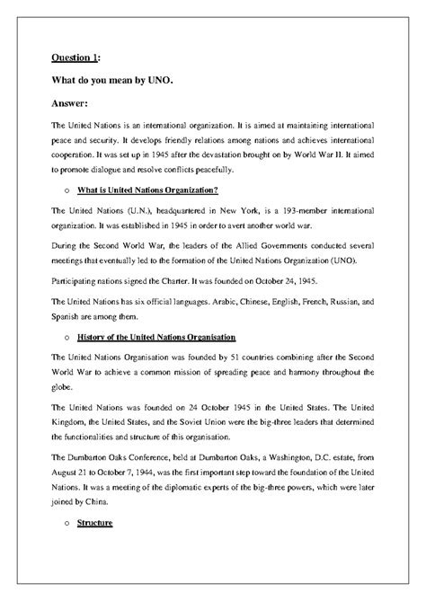 Political science - .... - Question 1: What do you mean by UNO. Answer ...