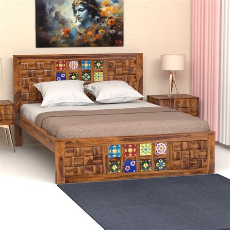 Amber Sheesham Wood Queen Size Bed in Honey Finish– WOODPEEL FURNITURE ...