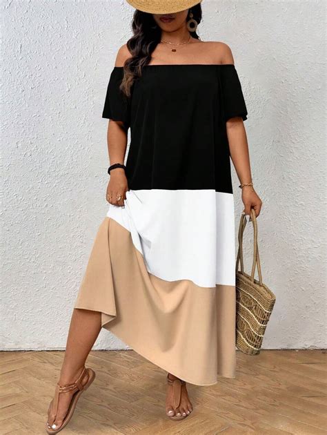Breezaya Plus Size Women's Color Block Off Shoulder Short Sleeve Long ...