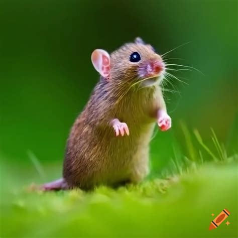 Excited chubby brown mouse standing on hind legs in green grass on Craiyon