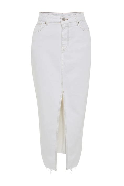 White Woman Long Denim Skirt, Front Slit With Classic Jeans Long Skirt ...