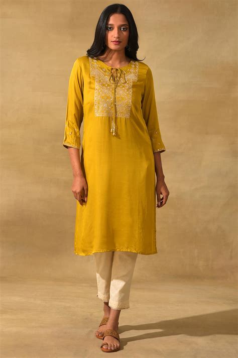 Buy Mustard Embroidered Lustrous Satin kurta @ 3999 | W for woman ...