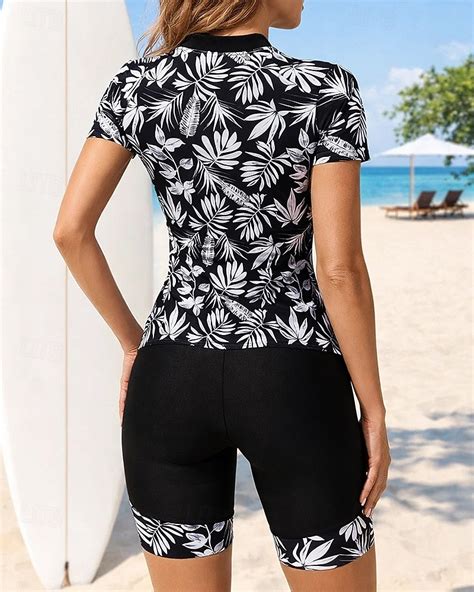 Women's Rash Guard Bathing Suit 2 Pieces Printed Mid-Thigh Leg UV ...