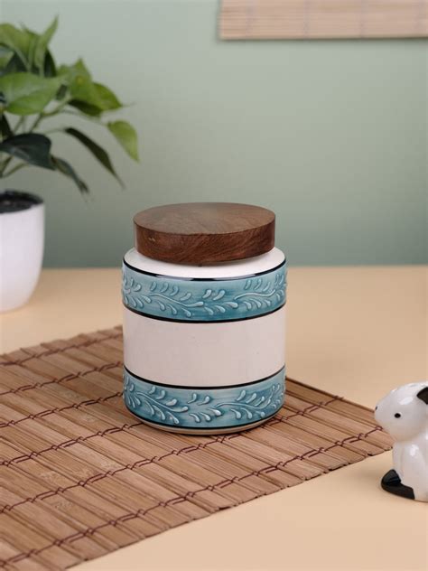VarEesha Aqua Green White Embossed Ceramic Air Tight Jar with Wooden Lid