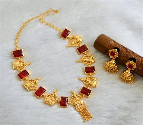 Gold tone red block stone Lakshmi Kerala style necklace set dj-37562 ...