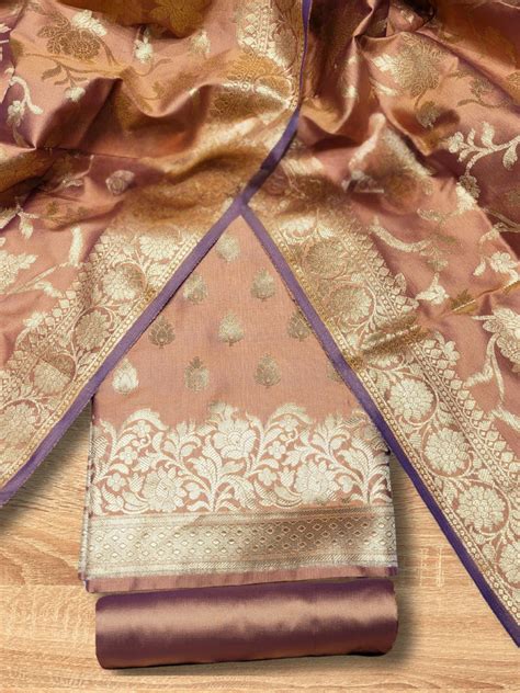 Banarasi Satin Silk Dress Material with Floral Zari Weave & Tasseled d ...