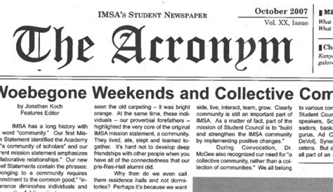 Archives: Woebegone Weekends and Collective Community, October 2007 – The Acronym | IMSA's ...