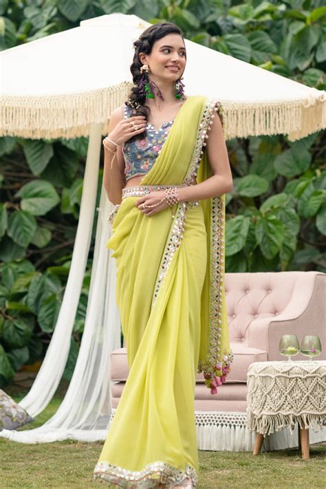 Buy Green Gypsy Mirror Border Chiffon Saree | By Summer – Summer By ...