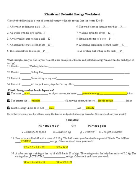 Image result for Kinetic Energy Worksheet Answer Key