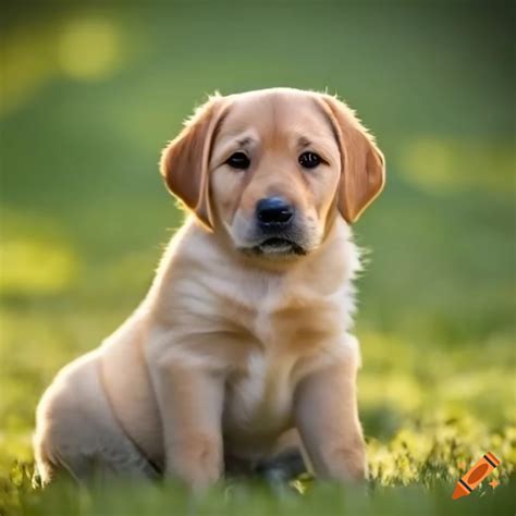 Sunlight, golden lab puppy sits on grass, symmetrical face