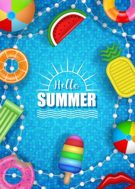 Hello summer poster with colorful inflatables on pool water | Premium ...