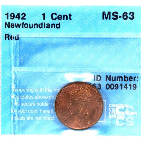 Newfoundland 1-cent 1942 CCCS Certified MS63 RED! A solid coin with ...