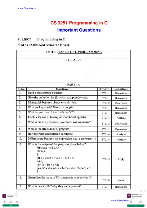 CS3251 Programming in C -IQ 2- By www - SUBJECT : Programming in C SEM ...