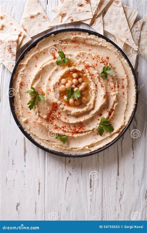 Classic Hummus and Pita Bread. Vertical Top View Stock Image - Image of ...