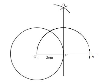 Construct a tangent at any point P on a circle of radius 3 cm