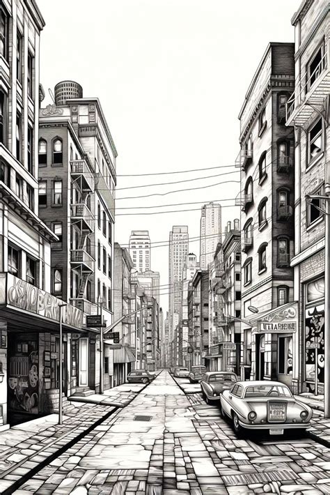 City Streets Drawing in Black and White