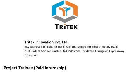 Tritek Faridabad Project Trainee [Paid Internship] Vacancy