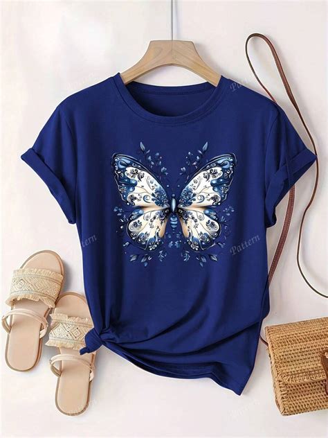 Women's Plus Size Casual Butterfly Print T-Shirt, Round Neck, Slightly ...