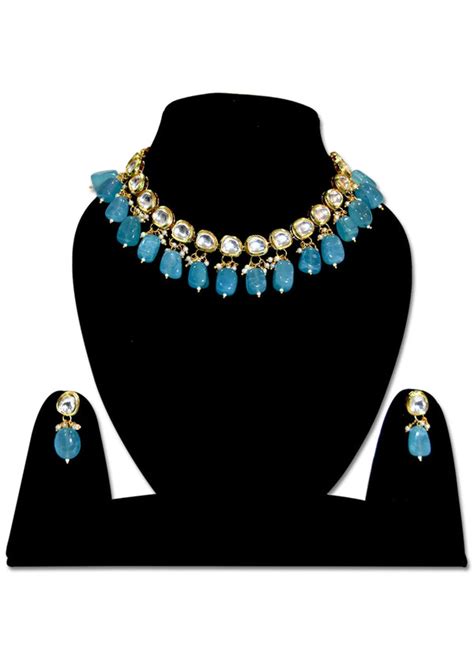 Exquisite Sky Blue Kundan Necklace Set - Designer Mart