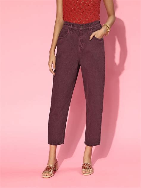 Buy Women Burgundy High Waist Mom Fit Jeans Online at Sassafras
