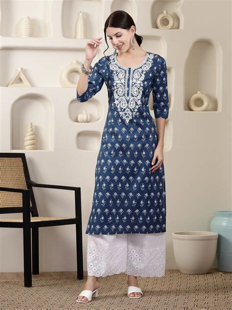 Stylum Women's Indigo Blue Printed & Embroidered Cotton Straight Chick ...