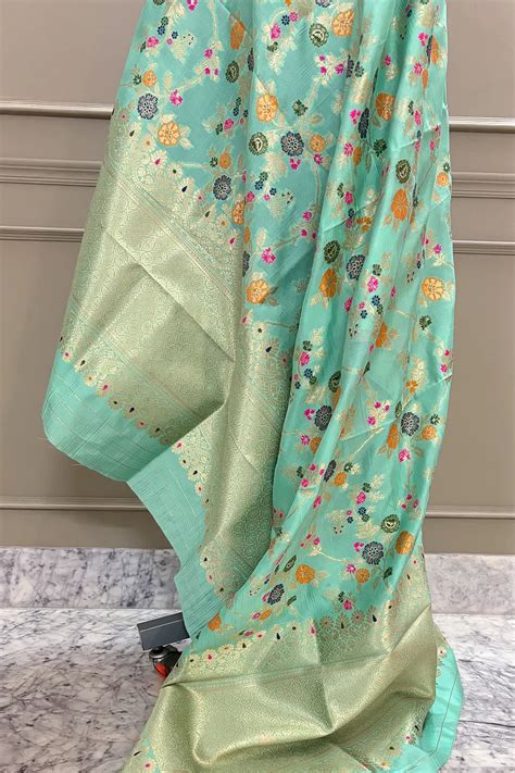 Sea Green Golden Zari Katan Silk Banarasi Dupatta – Mohsin Textiles