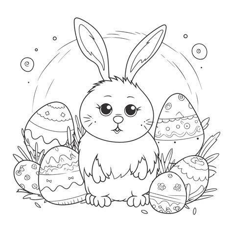Bunny Sitting With Easter Eggs Coloring Page Outline Sketch Drawing Vector, Bunny Drawing, Egg ...