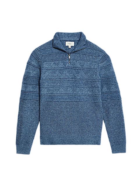 Buy Textured Half Zip Jumper with Wool at Marks & Spencer