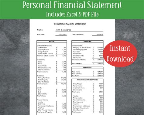 Personal Balance Sheet Excel Template