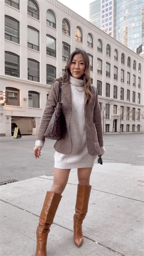Winter-workwear-look-with-sweater-dress-houndstooth-blazer-knee-high ...