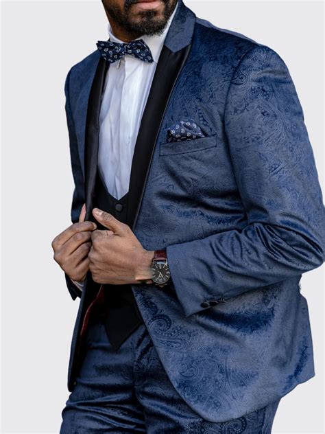 Marc Darcy | Simon Velvet Navy Blue Paisley 3 Piece Tuxedo Suit ...