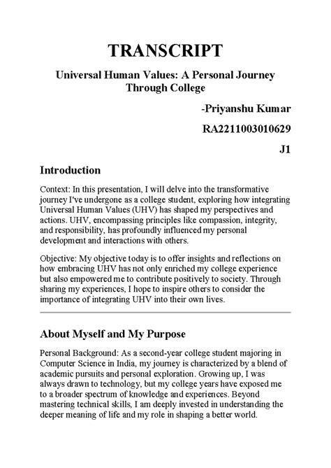 Universal Human Values: Transformative College Journey (UHV 101) - Studocu